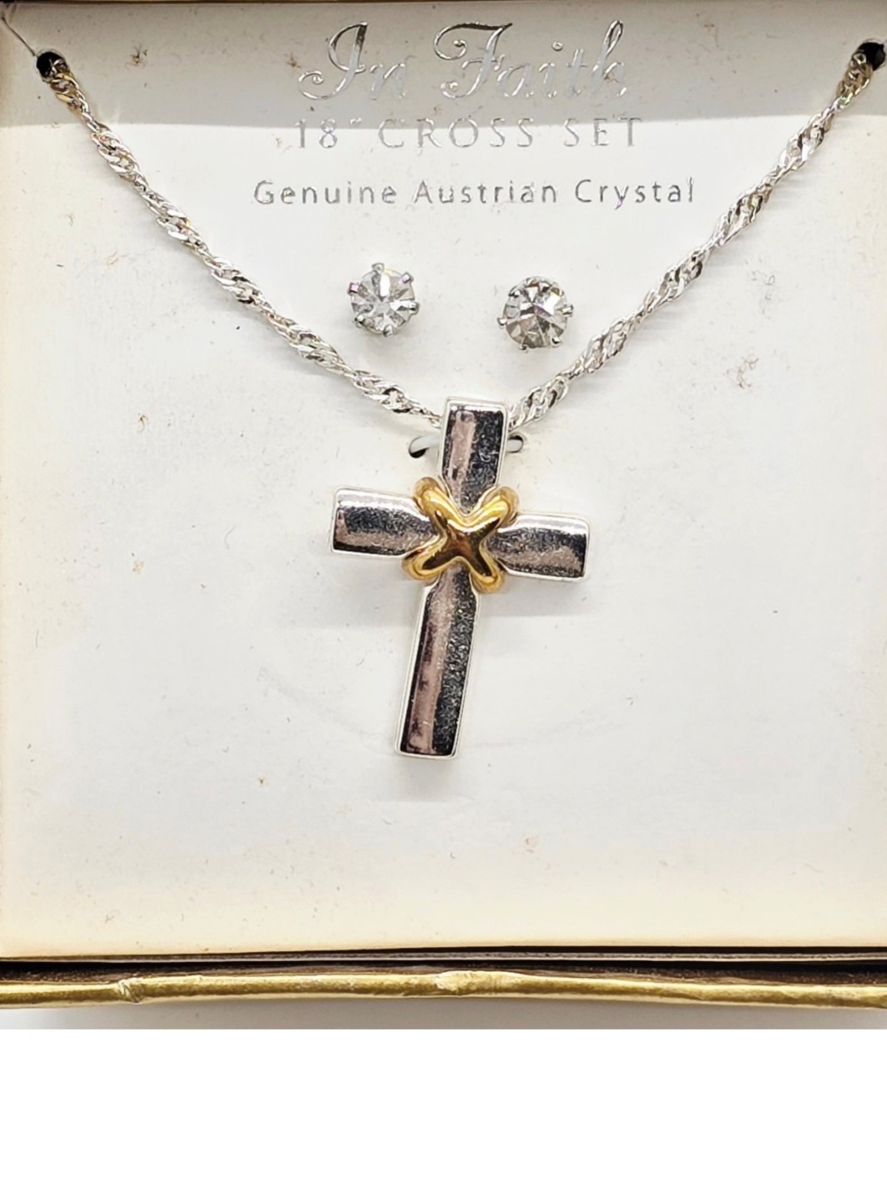 Vintage Two-Tone Silver Cross Necklace with Gold Accent and Clear Crystal Studs